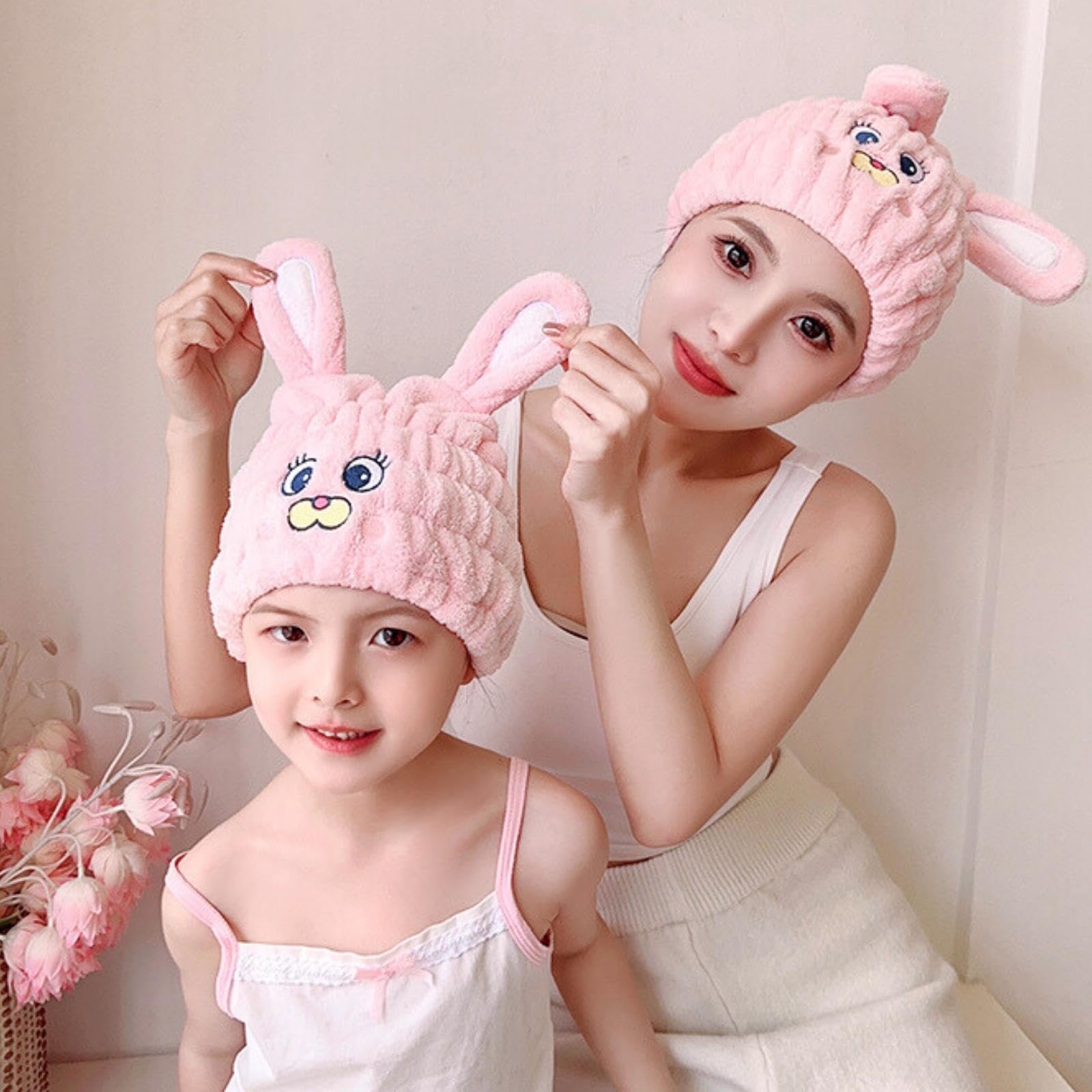 LCBD Microfiber Hair Towel Wrap for Kids, Pink Rabbit Dry Hair Cap Set with Hair Scrunchies, Absorbent Quick Hair Drying Towel f
